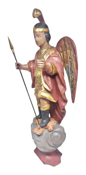 Foto de um(a) Antiga Imagem sacra São Miguel arcanjo, da categoria de Objetos de parede esculturais. Antiga imagem sacra "São Miguel Arcanjo" em madeira com rica policromia e douração. Olhos de vidro. Brasil século XXMed.: 54... Mostrado de uma perspectiva diferente. Vendido no marketplace Trésors.