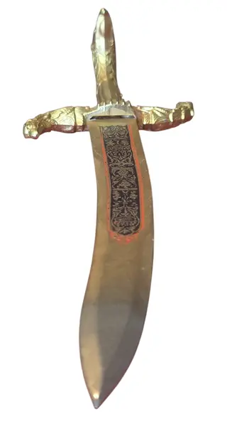 Foto de um(a) Adaga Decorativa Estilo Toledo – Lâmina Gravada e Guarnições em Dourado, da categoria de Facas. Uma peça de requinte visual excepcional, esta adaga decorativa destaca-se pelo trabalho de gravura em sua lâmina e pelo... Mostrado de uma perspectiva diferente. Vendido no marketplace Trésors.