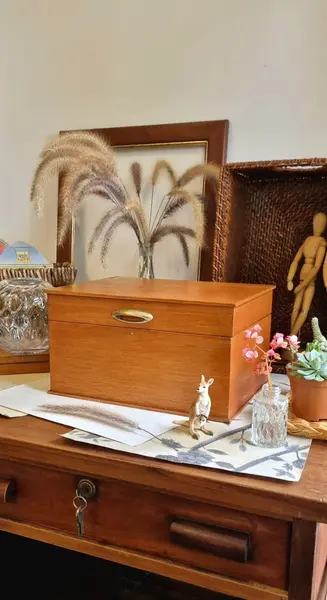 Foto de um(a) Caixa de madeira maciça vintage, da categoria de Cestos e Caixas. Grande caixa de madeira maciça, folheada com madeira clara, linhas retas.leves marcas do tempo que não ofuscam a beleza da... Mostrado de uma perspectiva diferente. Vendido no marketplace Trésors.