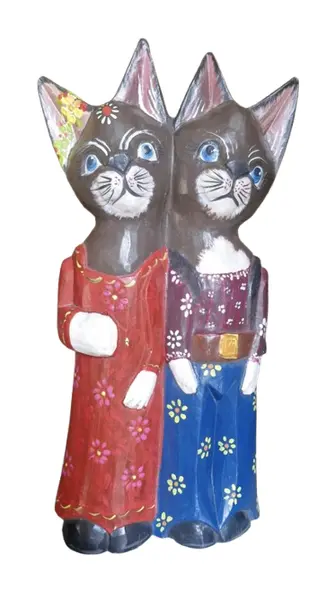 Foto de um(a) Casal de gatos de Bali esculpidos em madeira, da categoria de Modelos e estatuetas. Essa estátua de casal de gatos é uma peça de artesanato decorativa, esculpida em madeira e pintada à mão. Essas peças são... Vendido no marketplace Trésors.