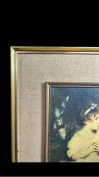 Foto de um(a) Par de Quadros Vintage Renoir e Reynolds, da categoria de Molduras para quadros. Par de quadros vintage, um a reprodução impressão em tela de “Menina com as Espigas”, também conhecida como “Menina com... Mostrado de uma perspectiva diferente. Vendido no marketplace Trésors.