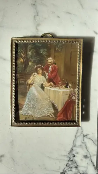 Foto de um(a) Antigo Raro Portrait Quadrinho Camafeu Italiano Pintado Mão, da categoria de Pinturas. Antigo portrait camafeu ricamente pintado à mão. Reparem nos detalhes da pintura, muita riqueza de detalhes. Moldura em... Mostrado de uma perspectiva diferente. Vendido no marketplace Trésors.