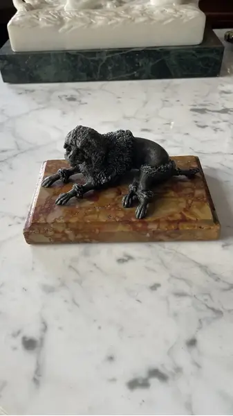 Foto de um(a) Antiga Escultura Cachorro Poodle Petit Bronze E Mármore, da categoria de Escultura. Antiga e linda escultura de cachorro da raça poodle em pétit bronze sobre mármore italiano Rosso Verona. Peça artística.... Mostrado de uma perspectiva diferente. Vendido no marketplace Trésors.