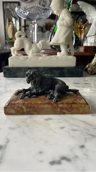 Foto de um(a) Antiga Escultura Cachorro Poodle Petit Bronze E Mármore, da categoria de Escultura. Antiga e linda escultura de cachorro da raça poodle em pétit bronze sobre mármore italiano Rosso Verona. Peça artística.... Mostrado de uma perspectiva diferente. Vendido no marketplace Trésors.