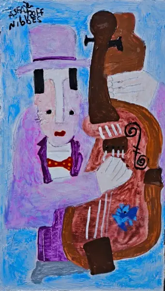 Foto de um(a) Nibbes, denominada "El Musicien", usando técnica acrílica sobre tela, medindo 52 x 32 cm, com linda moldura branca, da categoria de Pinturas. Obra original e assinada por Javier Álvaro Asfaduroff Nibbes (conhecido como Asfaduroff Nibbes ou Nibbe,ppintor uruguaio... Vendido no marketplace Trésors.