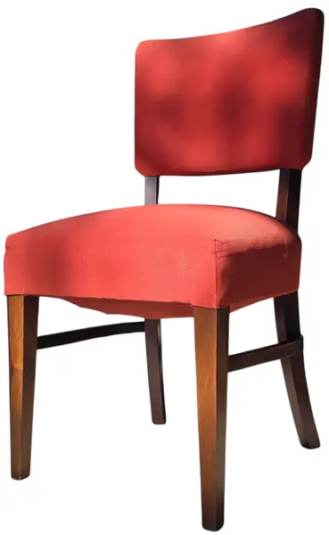 Foto de um(a) Cadeira em Madeira Nobre e Tecido Canelado Vermelho, da categoria de Outras cadeiras. Clássico do design mobiliário Mid-Century nacional. Esta cadeira combina a robustez e a elegância da madeira maciça escura... Mostrado de uma perspectiva diferente. Vendido no marketplace Trésors.