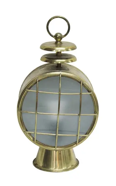 Foto de um(a) Antigo farolete de ferrovia, da categoria de Luminárias de chão. Farolete de ferrovia antiga, em metal dourado e vidro fosco, transformado em luminária, funcionando (sem garantias). ... Vendido no marketplace Trésors.