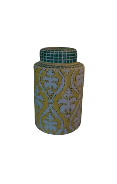Foto de um(a) Potiche em porcelana pintado a mão, da categoria de Vasos. Potiche decorativo com tampa em porcelana, apresentando formato cilíndrico e design oriental contemporâneo. Peça... Vendido no marketplace Trésors.
