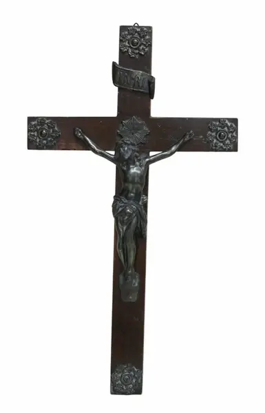 Foto de um(a) Crucifixo em madeira nobre, da categoria de Objetos religiosos e espirituais. Crucifixo em madeira nobre com apliques em metal dourado e corpo de Cristo também em metal dourado, com riqueza de detalhes.... Vendido no marketplace Trésors.