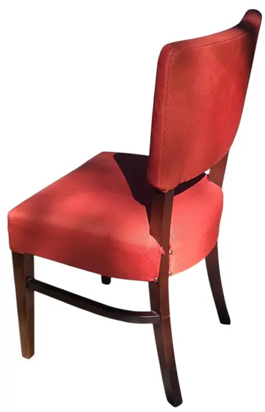 Foto de um(a) Cadeira em Madeira Nobre e Tecido Canelado Vermelho, da categoria de Outras cadeiras. Clássico do design mobiliário Mid-Century nacional. Esta cadeira combina a robustez e a elegância da madeira maciça escura... Mostrado de uma perspectiva diferente. Vendido no marketplace Trésors.