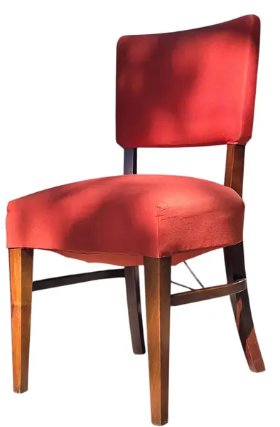 Foto de um(a) Cadeira em Madeira Nobre e Tecido Canelado Vermelho, da categoria de Outras cadeiras. Clássico do design mobiliário Mid-Century nacional. Esta cadeira combina a robustez e a elegância da madeira maciça escura... Mostrado de uma perspectiva diferente. Vendido no marketplace Trésors.
