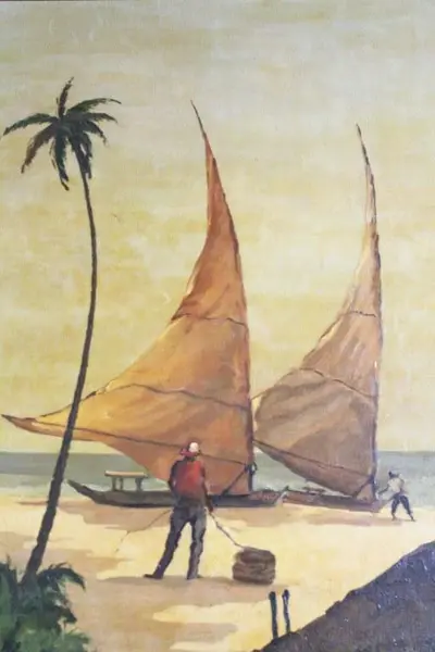 Foto de um(a) Quadro OST com paisagem de velas e pescador, da categoria de Pinturas. Belo quadro OST com paisagem de velas e pescador na praia em policromia. Possui exuberante moldura em madeira nobre e... Mostrado de uma perspectiva diferente. Vendido no marketplace Trésors.
