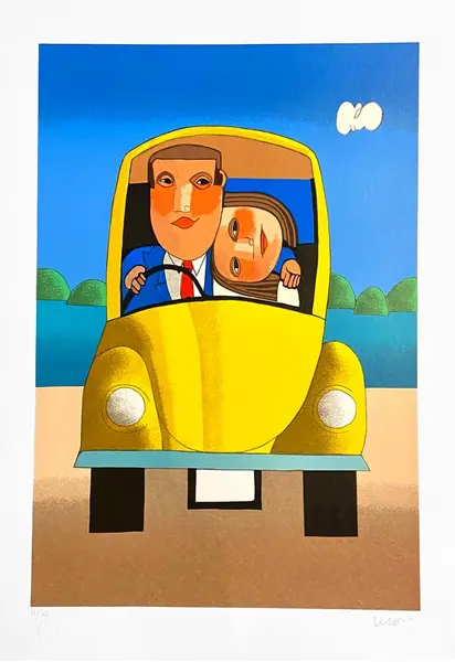 Foto de um(a) CASAL NO FUSCA AMARELO (70 X 50 CM) - Inos Corradin, da categoria de Serigrafia. Serigrafia original póstuma do artista Inos Corradin. Dimensões: Altura: 70 cm Largura: 50 cm Breve biografia do artista:... Vendido no marketplace Trésors.