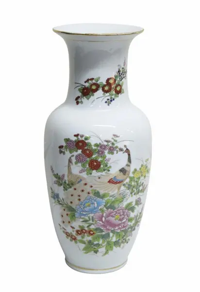 Foto de um(a) Vaso oriental com decorações de pavões, da categoria de Vasos. vaso oriental de porcelana branca esmaltada, decorado com com pintura policromada de pavões e peônias acompanhada de rico... Vendido no marketplace Trésors.