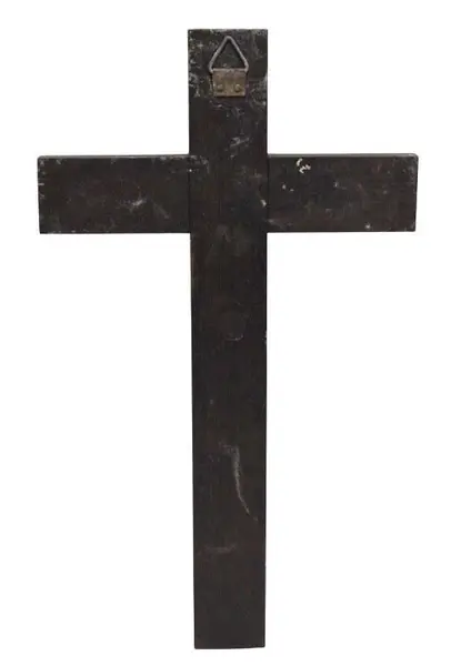 Foto de um(a) Crucifixo em madeira nobre inscrição INRI, da categoria de Objetos religiosos e espirituais. Crucifixo em madeira nobre, com cristo em metal dourado e medalha e inscrição INRI também em metal.Medidas 26A X 15L. Mostrado de uma perspectiva diferente. Vendido no marketplace Trésors.