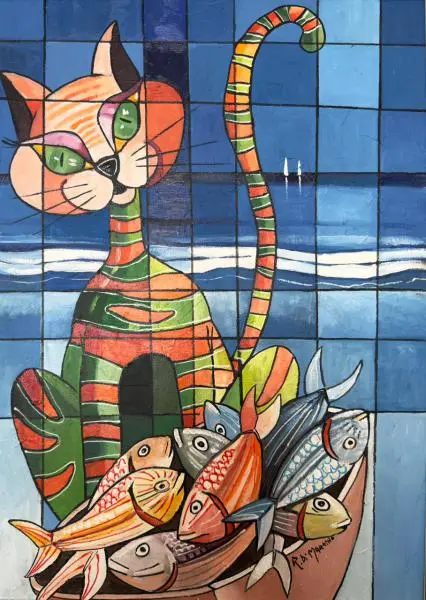 Foto de um(a) Romano Di Martino - "Il Gatto Ei Suoi Pesci" - 70 x 50 cm - Óleo Sobre Tela - Assinado no Canto Inferior Direito e Datado de 2005, da categoria de Pinturas. Romano Di Martino (1940–2010) foi um renomado pintor, desenhista e gravador conhecido por suas telas vibrantes que mesclam... Mostrado de uma perspectiva diferente. Vendido no marketplace Trésors.