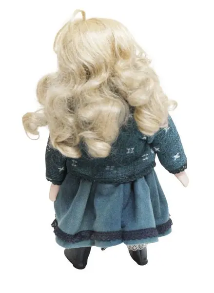 Foto de um(a) Boneca em biscuit, da categoria de Bonecas. Antiga boneca em biscuit com olhos de vidro, apresenta vestimenta de época e acompanha suporte original. Em bom estado,... Mostrado de uma perspectiva diferente. Vendido no marketplace Trésors.