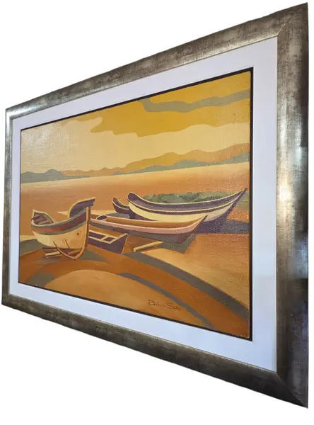 Foto de um(a) Quadro Antigo Belmiro Santos - "Canoas de Pesca", Óleo Original Assinado, da categoria de Pinturas. Belo Óleo sobre Tela de Belmiro Santos – Marinha Modernista em Tons Ocres e Dourados Apresentamos uma encantadora pintura... Mostrado de uma perspectiva diferente. Vendido no marketplace Trésors.