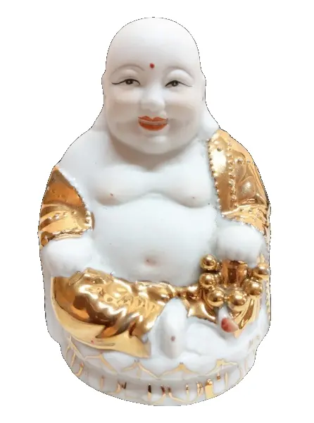 Foto de um(a) Escultura de Buda, da categoria de Escultura. Escultura de Buda em biscuit na posição sentado, manto com farta douração e pontilhados. Figura bem expressiva. Mede 10cm... Vendido no marketplace Trésors.