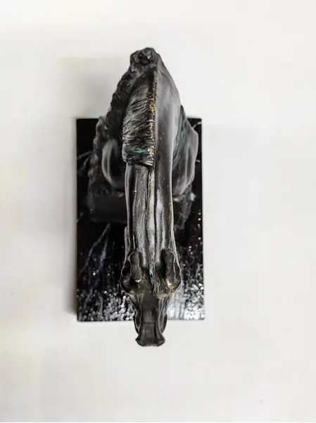 Foto de um(a) Escultura Equina Garanhão em Resina Italiana, Anos 2000, da categoria de Escultura. Escultura equina de garanhão premiado em resina italiana com acabamento em pátina bronze oxidado e base em madeira... Mostrado de uma perspectiva diferente. Vendido no marketplace Trésors.