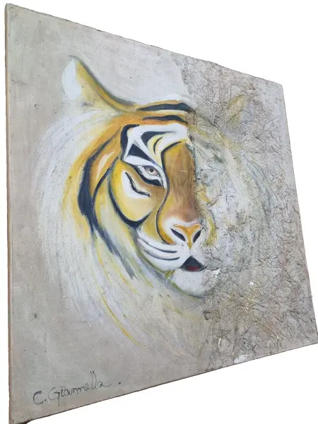 Foto de um(a) Quadro leão - 80 x 80 cm, da categoria de Pinturas. Tecnica mista de pintura, marcas do tempo dimensões: 80cm L x 80cm A. Vendido no marketplace Trésors.