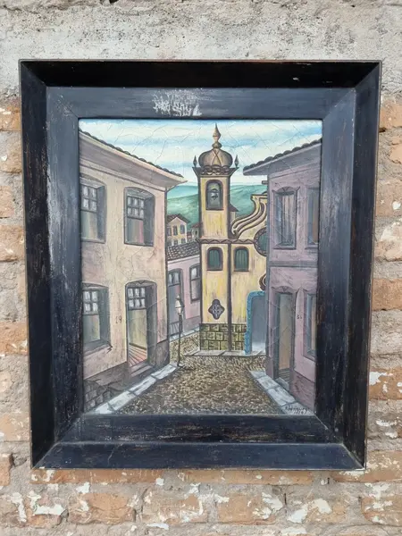 Foto de um(a) Quadro de Casarão - OST 59 x 69 cm, da categoria de Pinturas. òleo sobre tela, moldura madeira dimensões: 59cm L x 69cm A. Mostrado de uma perspectiva diferente. Vendido no marketplace Trésors.
