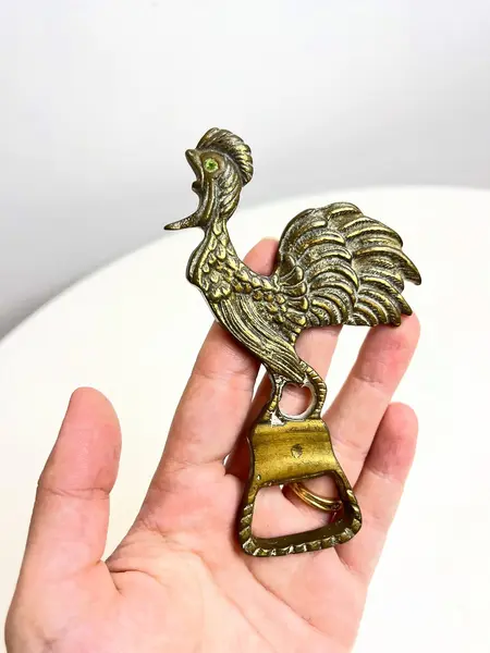 Foto de um(a) ​Abridor de garrafas em bronze, da categoria de Abridores de garrafas. Abridor de garrafas em bronze com detalhe em strass. Marcas do tempo e uso como nas fotos. Medidas: 12x5cm. Mostrado de uma perspectiva diferente. Vendido no marketplace Trésors.