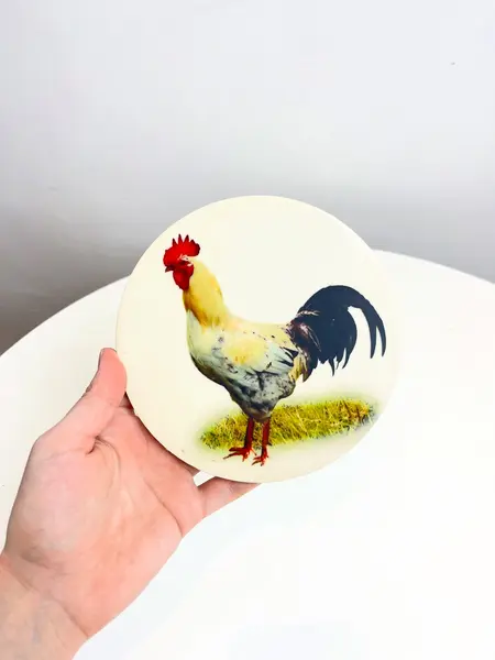 Foto de um(a) Apoio de panela em cerâmica estampa galo, da categoria de Apoio de panela. Apoio de panela, ou se preferir dá pra colocar um suporte para pendurar, em cerâmica estampada. Marcas do tempo e uso como... Mostrado de uma perspectiva diferente. Vendido no marketplace Trésors.