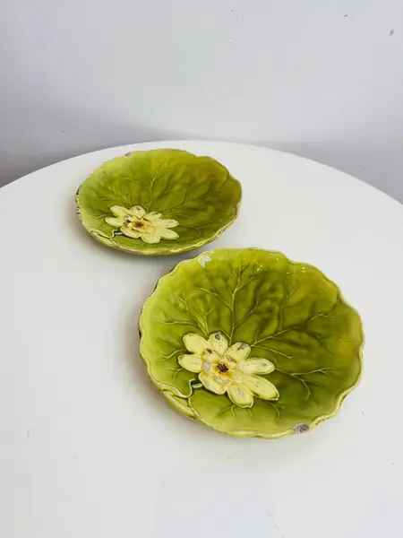 Foto de um(a) Pratos em cerâmica vitrificada formato vitória régia, da categoria de Pratos Decorativos. Maravilhosos pratos em cerâmica vitrificada, no formato de vitória régia. Os dois estão com lascados e marcas do tempo e... Mostrado de uma perspectiva diferente. Vendido no marketplace Trésors.