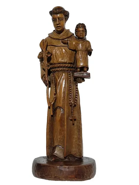 Foto de um(a) Escultura de Santo Antônio, esculpida em bloco único de madeira por MESTRE BIGODE (1932-2015), da categoria de Escultura. Escultura de Santo Antônio, esculpida em bloco único de madeira por MESTRE BIGODE (1932-2015), Assinada na base, Ubatuba -... Vendido no marketplace Trésors.