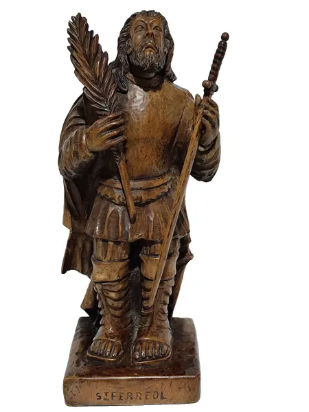 Foto de um(a) ​Escultura de St. Ferréol de Vienne (DC 304), santo guerreiro austríaco., da categoria de Escultura. Escultura de St. Ferréol de Vienne (DC 304), santo guerreiro austríaco. Esculpida em bloco único de madeira por MESTRE... Vendido no marketplace Trésors.