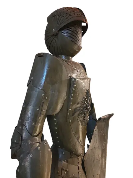 Foto de um(a) Armadura Medieval em Tamanho Real – Latão Envelhecido com Escudo e Elmo Articulado, da categoria de Armas e armaduras. Transforme qualquer ambiente em um verdadeiro cenário histórico com esta magnífica armadura em tamanho real. Confeccionada... Mostrado de uma perspectiva diferente. Vendido no marketplace Trésors.