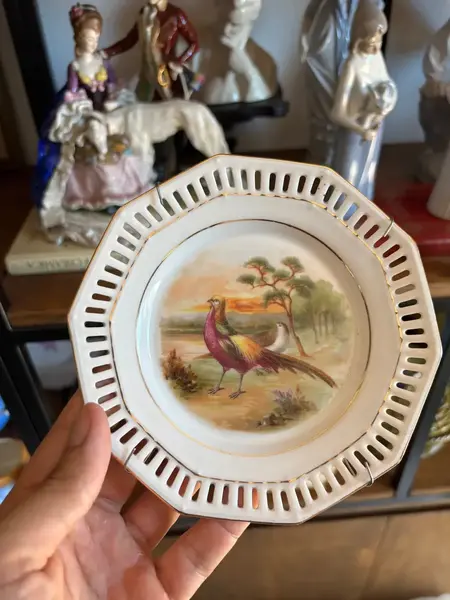 Foto de um(a) Antigo Prato Decorativo Pássaros Porcelana Alemã Bavaria, da categoria de Pratos Decorativos. Antigo e lindo pratinho com decoração de pássaros. Borda fenestrada. Perfeito! Diâmetro 15cm. Mostrado de uma perspectiva diferente. Vendido no marketplace Trésors.