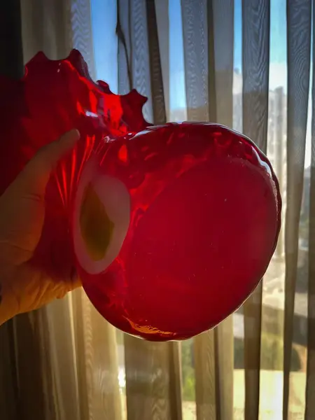 Foto de um(a) Antigo Grande Legítimo Vaso Murano Italiano Vermelho A. Deco, da categoria de Vasos. ~ Italy Glass ~Antigo e grande vaso artístico em Murano Italiano soufflé gomado com a borda plissada, cor vermelho rubi com... Mostrado de uma perspectiva diferente. Vendido no marketplace Trésors.