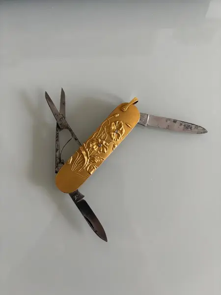 Foto de um(a) Antigo Raro Canivete Henckels Solingen Ouro Art Nouveau, da categoria de Outros colecionáveis. J.A.Henckels Zwillingswerk - SolingenRaríssimo canivete alemão em ouro com com dois pequenos diamantes. Decoração floral... Mostrado de uma perspectiva diferente. Vendido no marketplace Trésors.
