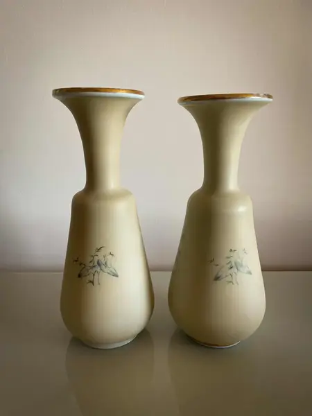 Foto de um(a) Antigo Raro Par De Vasos Em Opalina Francesa Baccarat XIX, da categoria de Vasos. ~ Opalina Baccarat ~Antigo e raro par de vasos franceses em opalina pintada à mão. Peças com mais de cem anos, do final do... Mostrado de uma perspectiva diferente. Vendido no marketplace Trésors.