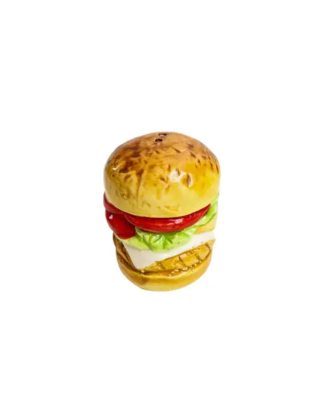 Foto de um(a) Saleiro em cerâmica formato hamburguer, da categoria de Saleiros e pimenteiros. Saleiro em cerâmica com tampa na base em silicone. Perfeito estado. Medidas: 7x5cm. Vendido no marketplace Trésors.