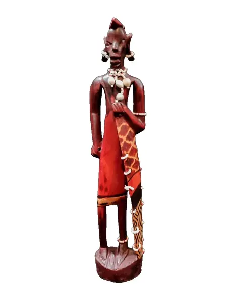Foto de um(a) Escultura Africana Anos 80, da categoria de Escultura. Escultua africana em madeira policromada com missangas e sementes, década de 1980. A: 30 cm / L: 6,5 cm / P: 4 cm Peso: 248 g. Vendido no marketplace Trésors.