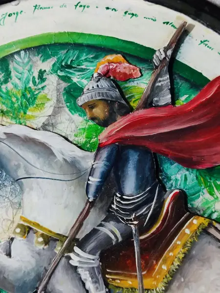 Foto de um(a) Mandala São Jorge, Pintada a Mão, Década de 1980, da categoria de Objetos religiosos e espirituais. Mandala de são jorge, ogum na umbanda, comemorado dia 23 de abril e venerado pelo mundo todo. Mandala feita em uma tampa de... Mostrado de uma perspectiva diferente. Vendido no marketplace Trésors.