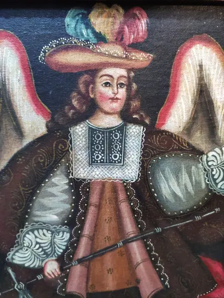 Foto de um(a) Quadro Cusquenho São Miguel, Década de 1970, da categoria de Pinturas. Quadro cusquenho com representação de são miguel com vestes renascentistas em óleo sobre tela, e moldura entalhada em... Mostrado de uma perspectiva diferente. Vendido no marketplace Trésors.