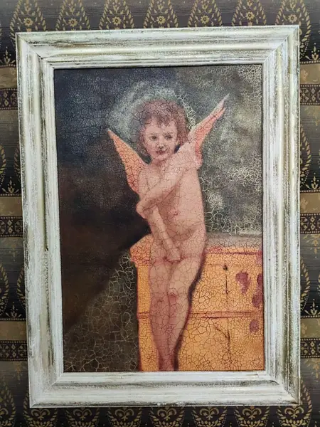 Foto de um(a) Anjo Acrílico sobre Tela, da categoria de Pinturas. Quadro em acrílico sobre tela de anjo com técnica de envelhecimento e craquelamento, moldura provençal com pátina dourada.... Mostrado de uma perspectiva diferente. Vendido no marketplace Trésors.