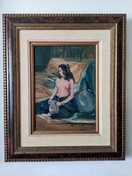 Foto de um(a) Óleo sobre Tela Amarílis Chaves 80'S, da categoria de Pinturas. Quadro óleo sobre tela moldura original da época e de artista brasileira radicada em minas gerais. Autora: Amarílis Chave.... Mostrado de uma perspectiva diferente. Vendido no marketplace Trésors.