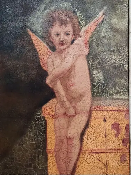 Foto de um(a) Anjo Acrílico sobre Tela, da categoria de Pinturas. Quadro em acrílico sobre tela de anjo com técnica de envelhecimento e craquelamento, moldura provençal com pátina dourada.... Mostrado de uma perspectiva diferente. Vendido no marketplace Trésors.