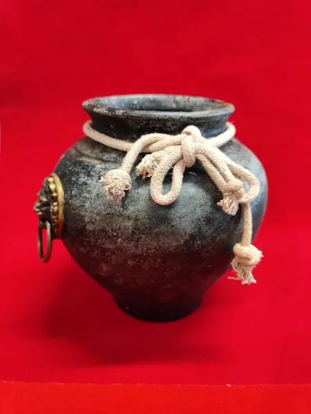 Foto de um(a) Vaso Leões em Terracota, da categoria de Vasos. Vaso em terracota ebanizado e envelhecido. Dois leões em latão nas laterais e uma corda de algodão completa a peça com seu... Mostrado de uma perspectiva diferente. Vendido no marketplace Trésors.