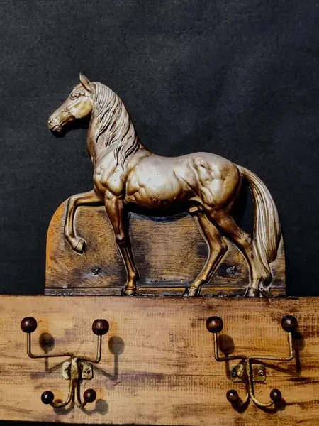 Foto de um(a) Cabideiro Cavalinho em Madeira de Demolição, da categoria de Cabideiros e porta-chapéus. Cabideiro de madeira de demolição com cavalo em resina com pátina prata e fundo amadeirado, com quatro ganchos em ferro com... Mostrado de uma perspectiva diferente. Vendido no marketplace Trésors.