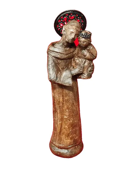 Foto de um(a) Imagem de Santo Antônio em Terracota, Bahia, Década de 1980, Peça Única, da categoria de Objetos religiosos e espirituais. Imagem de santo antônio em terracota, esplendor e coroa em metal. Com descrição do artesão, porto seguro, bahia, década de... Vendido no marketplace Trésors.
