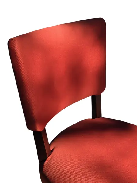 Foto de um(a) Cadeira em Madeira Nobre e Tecido Canelado Vermelho, da categoria de Outras cadeiras. Clássico do design mobiliário Mid-Century nacional. Esta cadeira combina a robustez e a elegância da madeira maciça escura... Mostrado de uma perspectiva diferente. Vendido no marketplace Trésors.