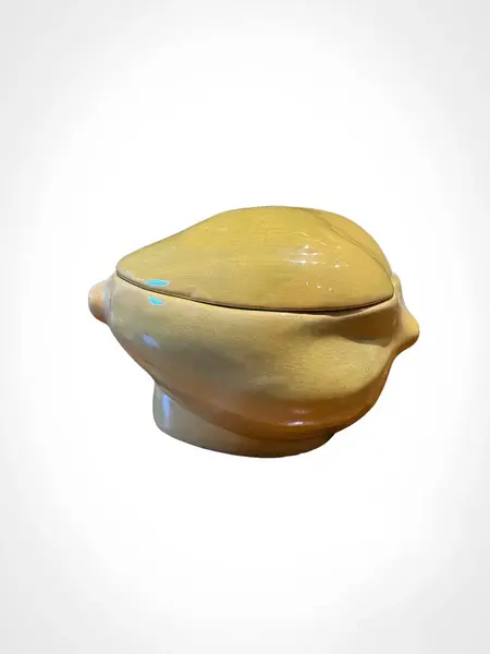 Foto de um(a) Antiga Caixa Pote Biscoiteira Mamão Em Cerâmica Majolica, da categoria de Garrafas, potes e jarros. Eu amo essas frutas, são super decorativas. Caixa/pote no formato de mamão. Mede: 13 x 20cm. Mostrado de uma perspectiva diferente. Vendido no marketplace Trésors.