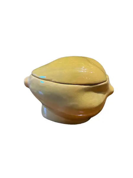 Foto de um(a) Antiga Caixa Pote Biscoiteira Mamão Em Cerâmica Majolica, da categoria de Garrafas, potes e jarros. Eu amo essas frutas, são super decorativas. Caixa/pote no formato de mamão. Mede: 13 x 20cm. Vendido no marketplace Trésors.