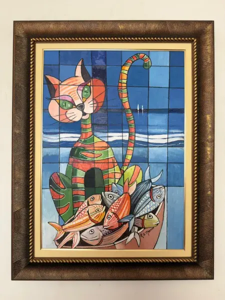 Foto de um(a) Romano Di Martino - "Il Gatto Ei Suoi Pesci" - 70 x 50 cm - Óleo Sobre Tela - Assinado no Canto Inferior Direito e Datado de 2005, da categoria de Pinturas. Romano Di Martino (1940–2010) foi um renomado pintor, desenhista e gravador conhecido por suas telas vibrantes que mesclam... Vendido no marketplace Trésors.